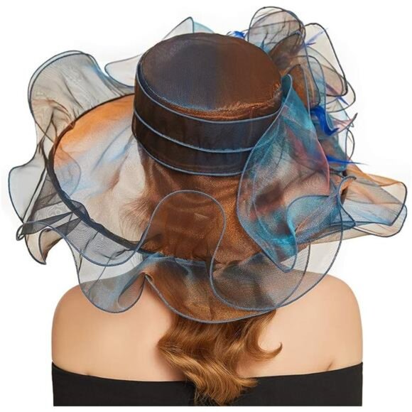 Women Sun Hat Church Wide Brim Brown Blue - Picture 3 of 7